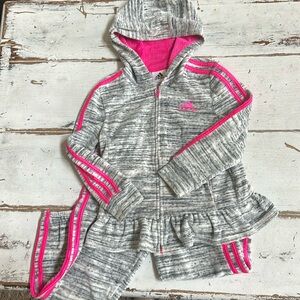 Adidas girls hooded zip up sweatsuit gray with hot pink stripes